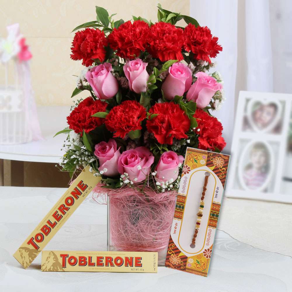 Flowers Arrangement with Chocolate and Rakhi