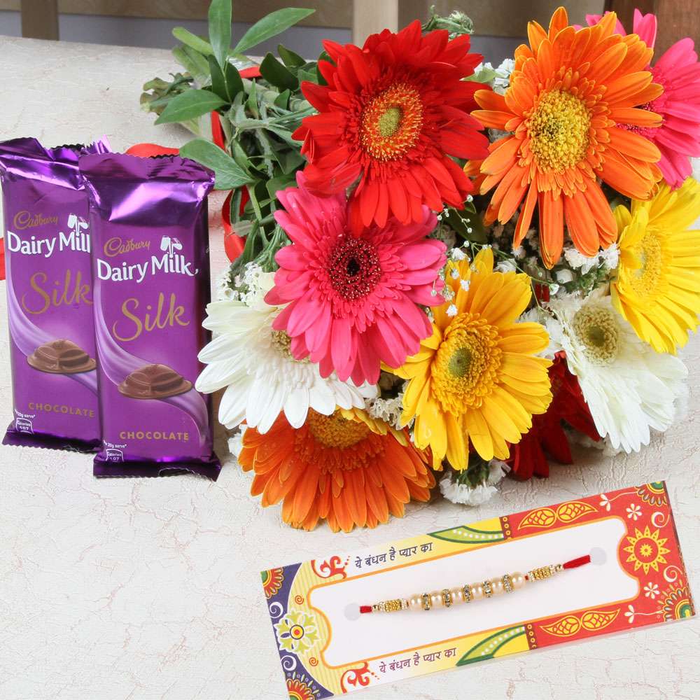 Mix Gerberas Bouquet with Chocolate and Rakhi