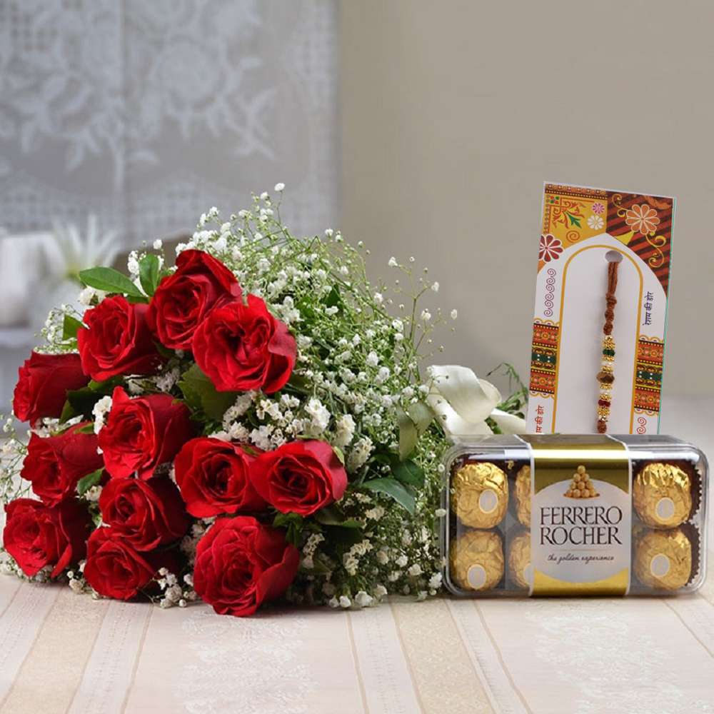 Red Roses Bouquet with Ferrero Rocher Chocolate and Rakhi