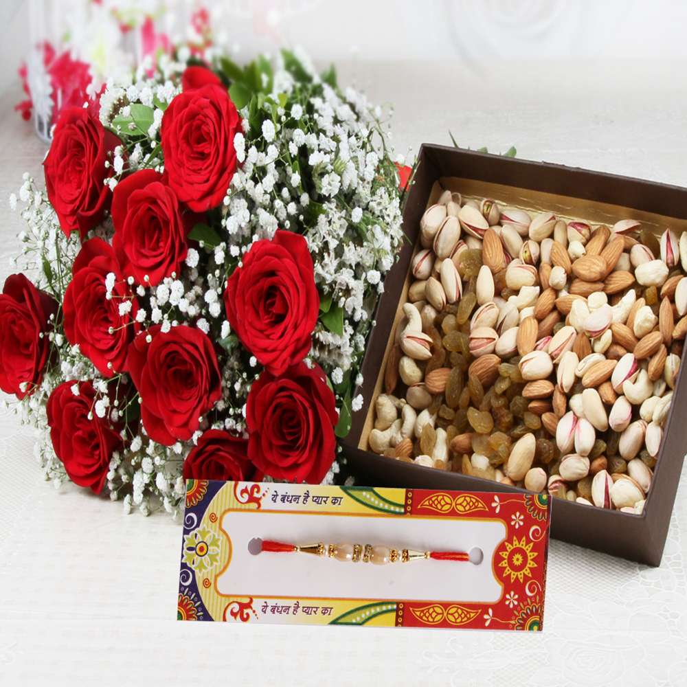 Rakhi with Assorted Dry Fruits and Roses Bouquet