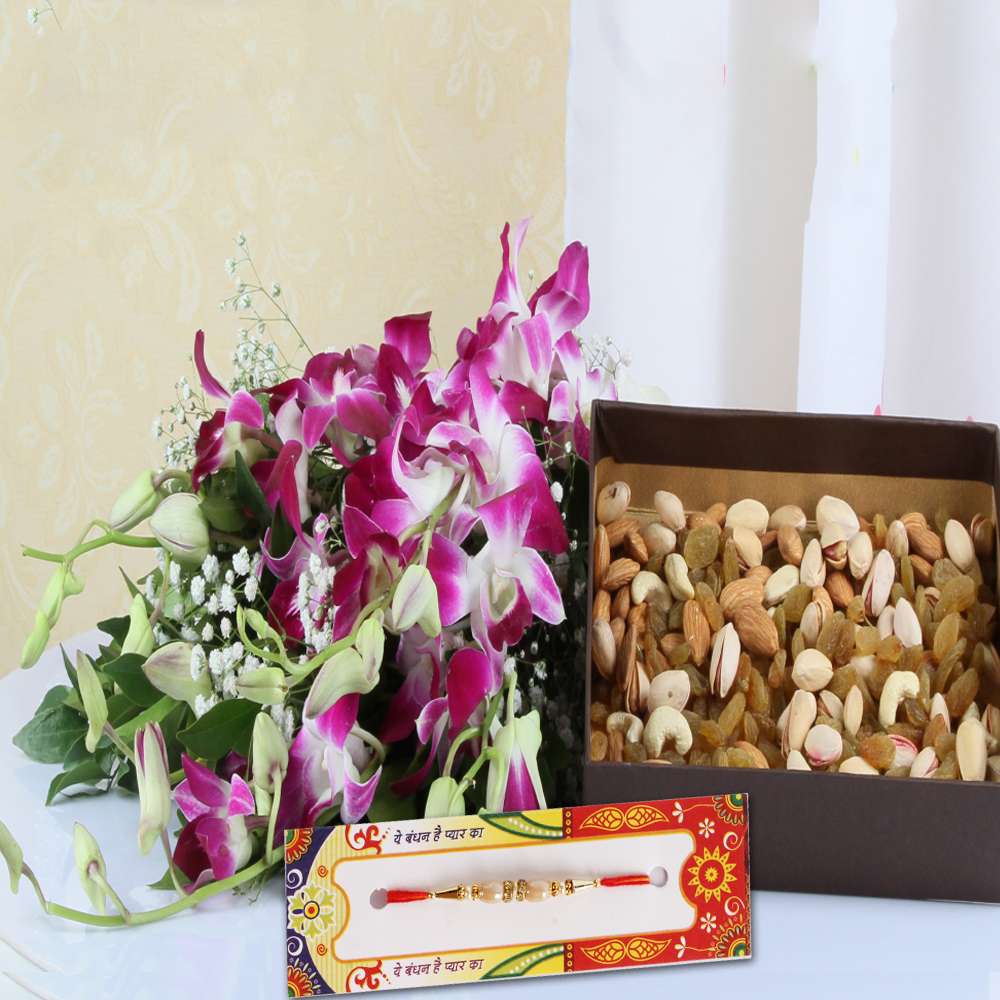Rakhi with Dry Fruits and Orchids Bouquet