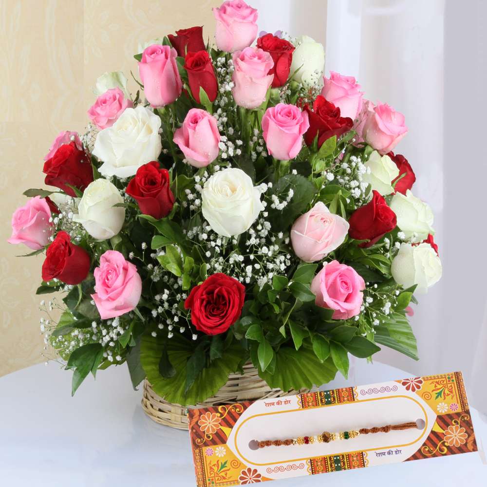 Designer Rakhi and Mix Roses Arrangement