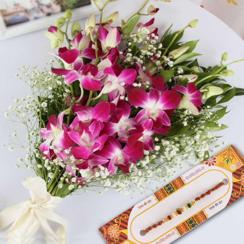 Charming Orchids Bouquet with Designer Rakhi