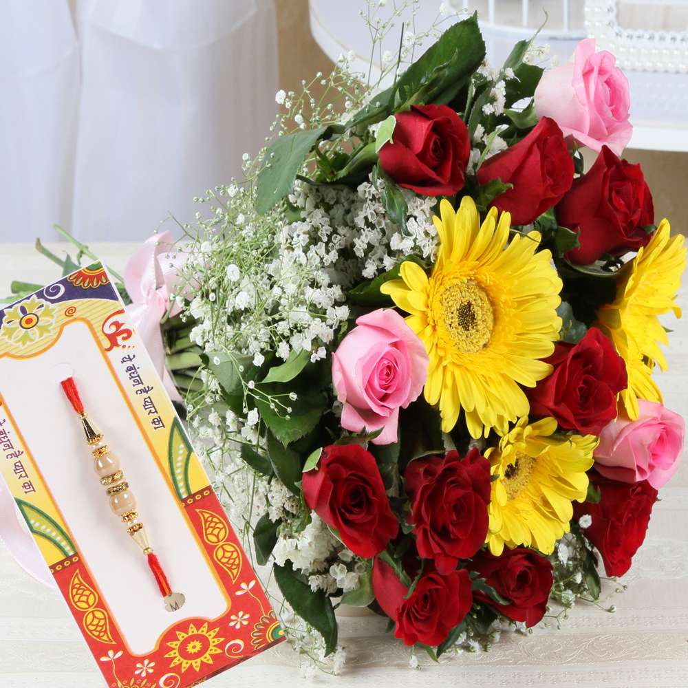 Attractive Rakhi with Mix Flowers Bouquet