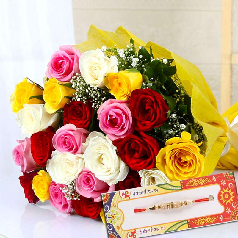 Mix Roses Bouquet with Designer Rakhi