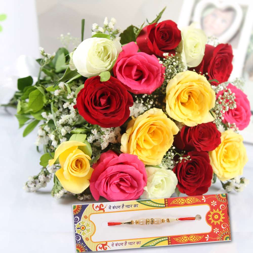 Fifteen Mix Roses with Designer Rakhi