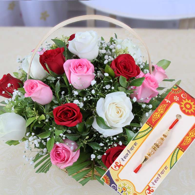 Basket of Mix Color Roses with Rakhi
