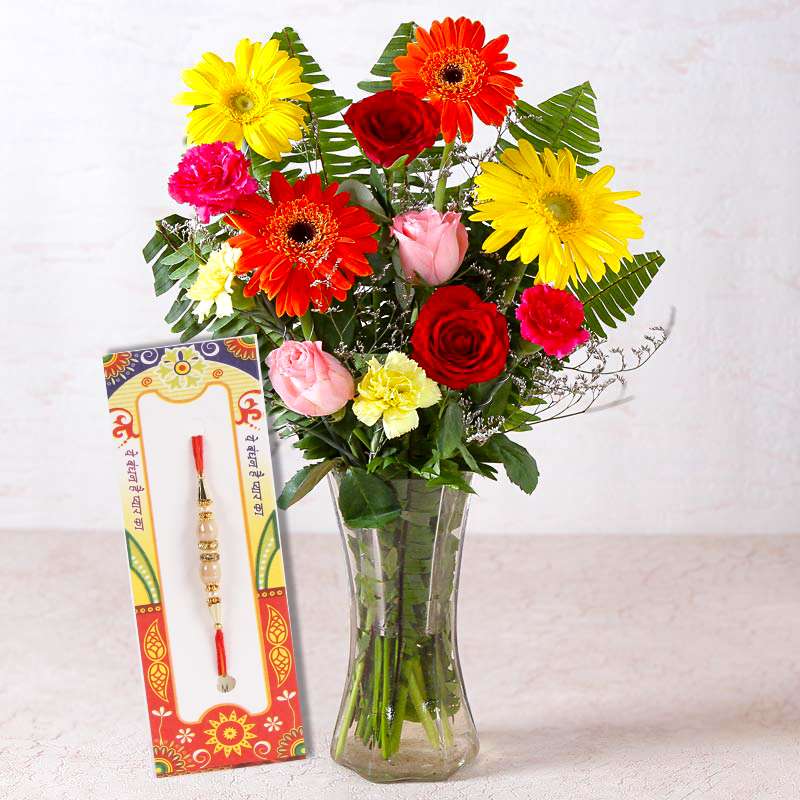 Vase of One Dozen Fresh Flowers with Designer Rakhi