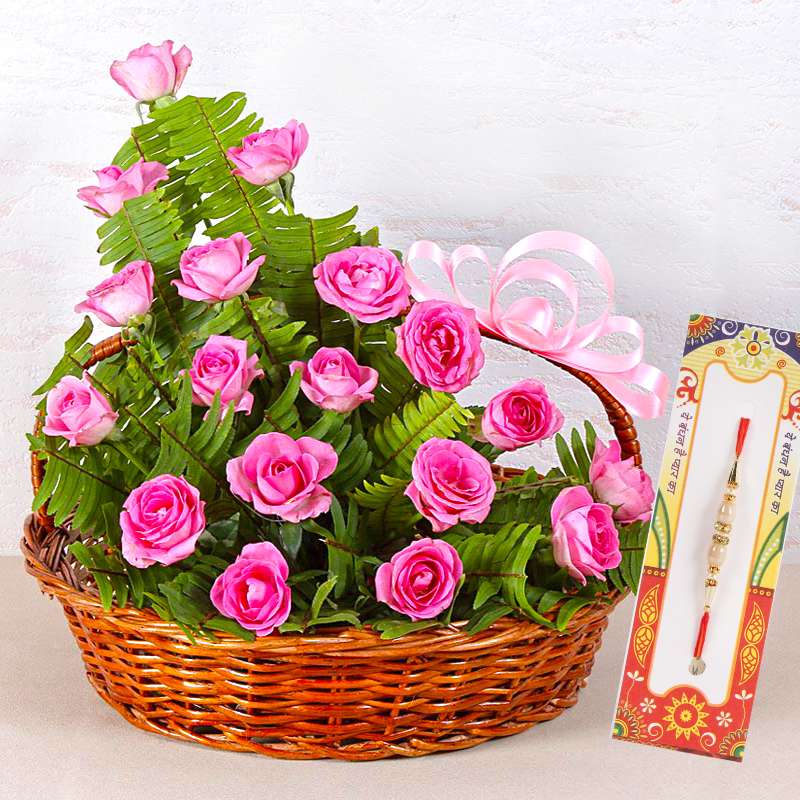 Pink Roses Basket with Rakhi Online