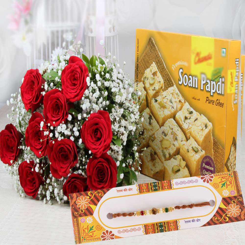 Rakhi with Red Roses Bouquet and Soan Papdi