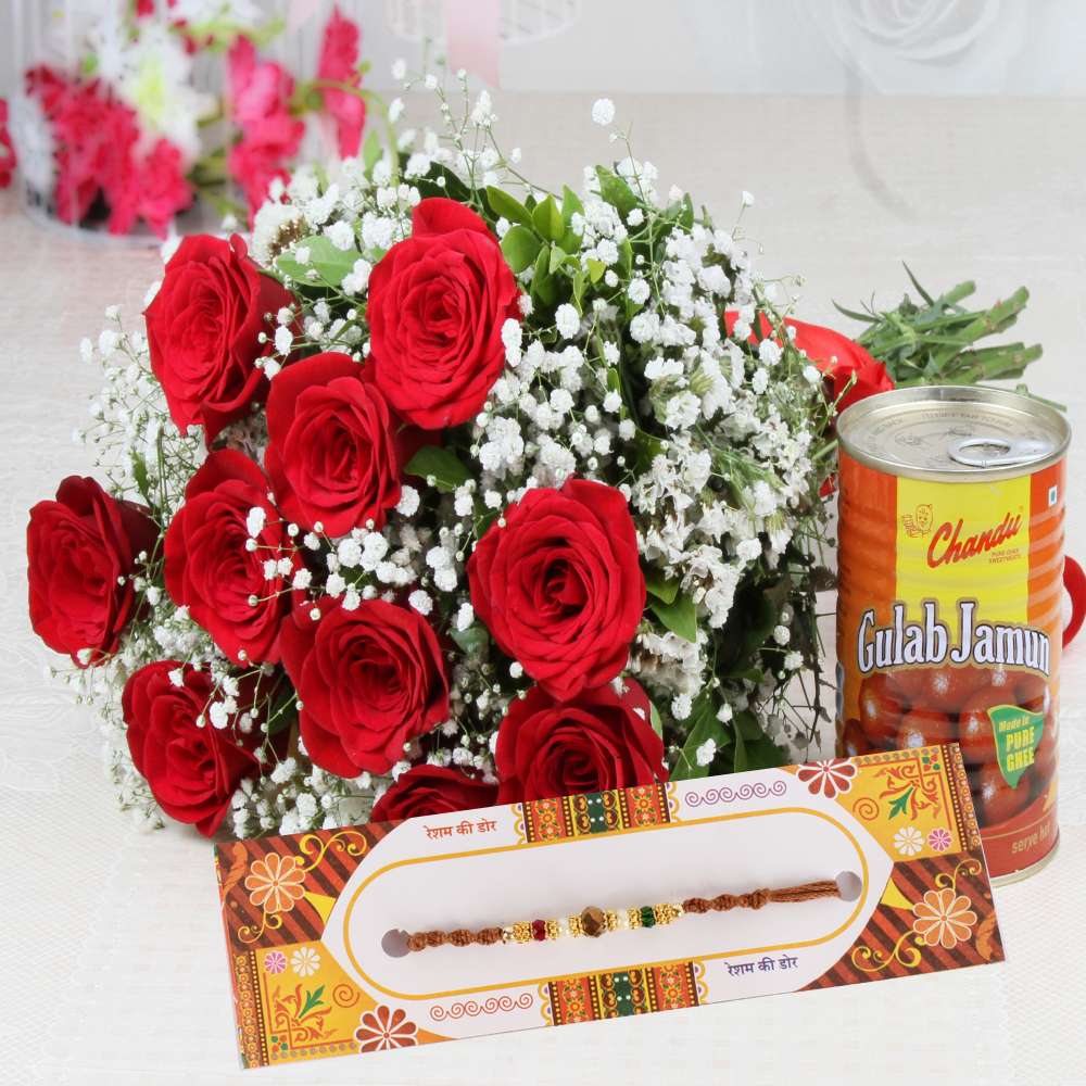 Rakhi with Red Roses Bouquet and Gulab Jamun