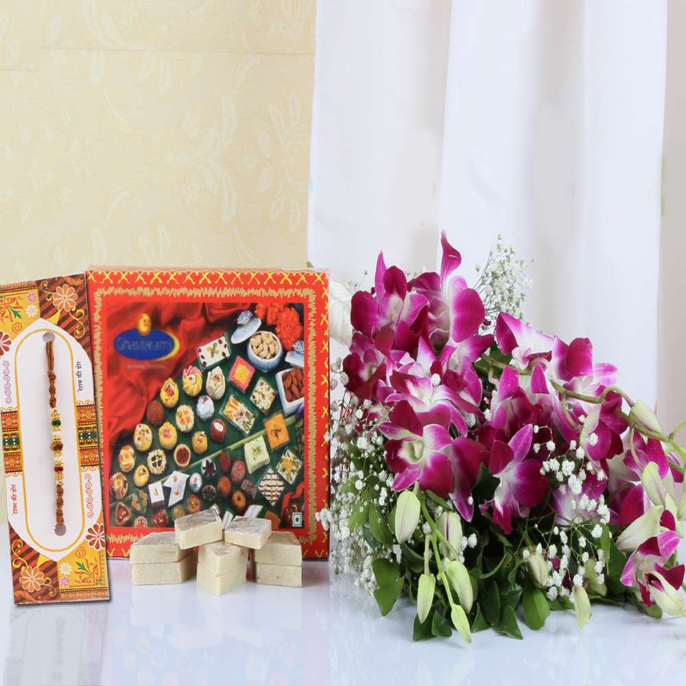 Kaju Katli with Rakhi and Orchids Bouquet