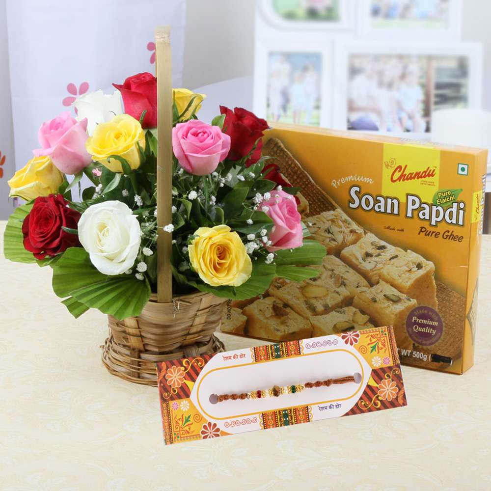 Mix Roses with Soan Papdi and Rakhi