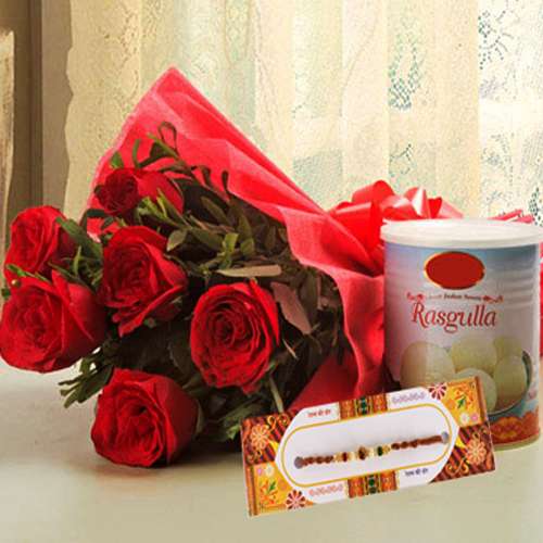 Six Red Roses with Rasgulla and Rakhi