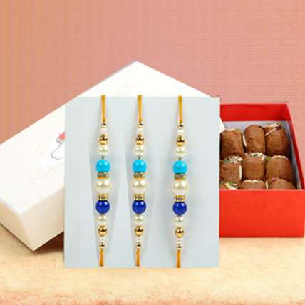 Three Designer Rakhi with 500 Gms Besan Ladoo