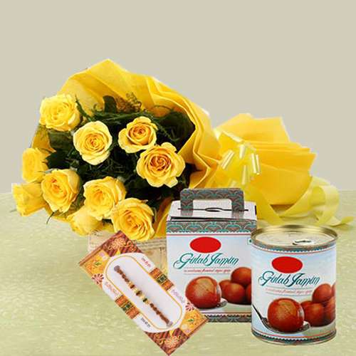 Yellow Roses with Gulab Jamun and Rakhi