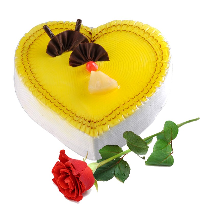 Single Rose with Heart Shape Pineapple Cake