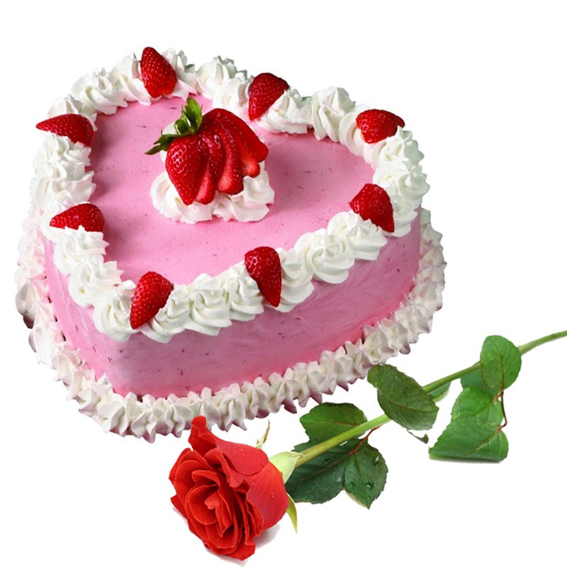 Strawberry Heart Shape Cake with Single Red Rose