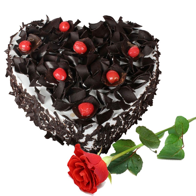 Single Rose with Heart Shape Black Forest Cake