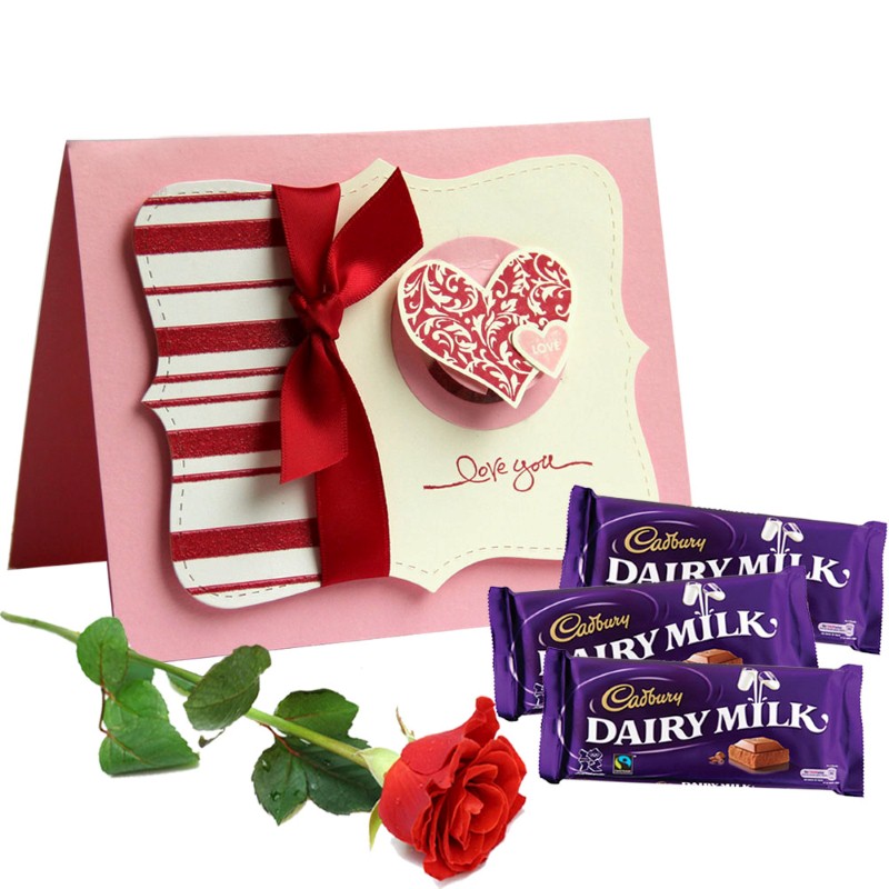 Dairy Milk Chocolate with Love You Card and Singe Red Rose