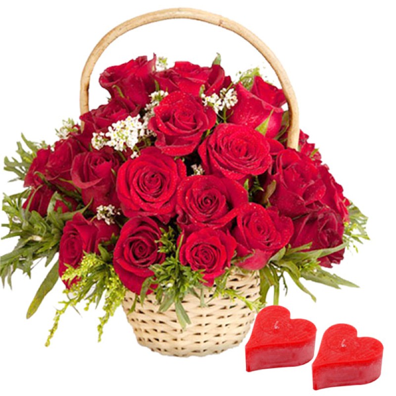 Red Roses Arrangement with Valentine Candles