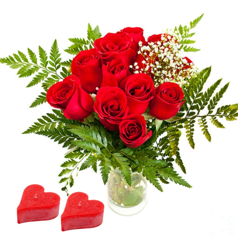 Red Roses in a Vase with Candles on Valentine