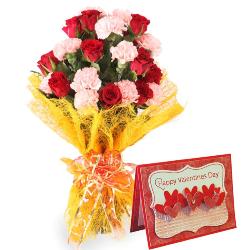 Bouquet of Roses and Carnation with Valentine Greeting Card