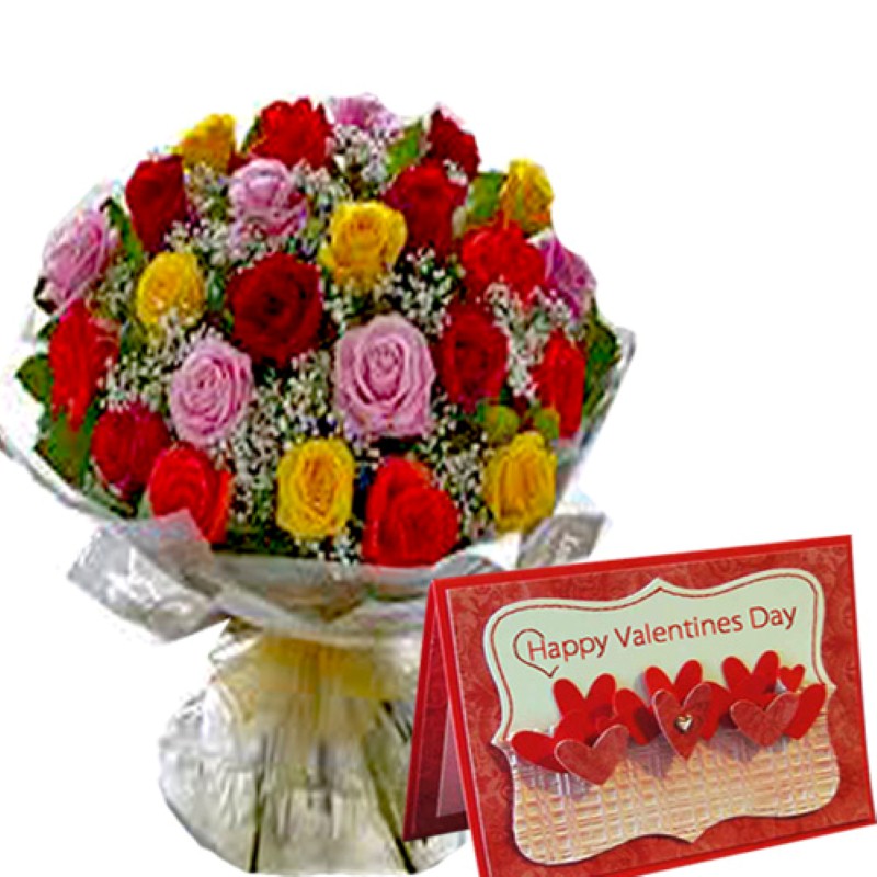 Bouquet of Mix Roses with Valentines Greeting Card