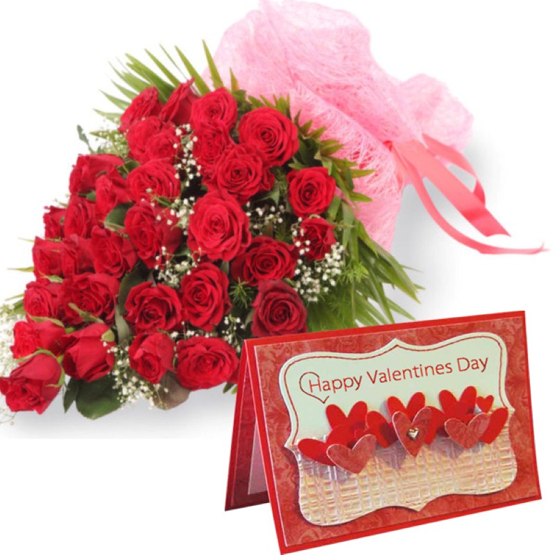 Bouquet of Thirty Red Roses with Valentine Greeting Card