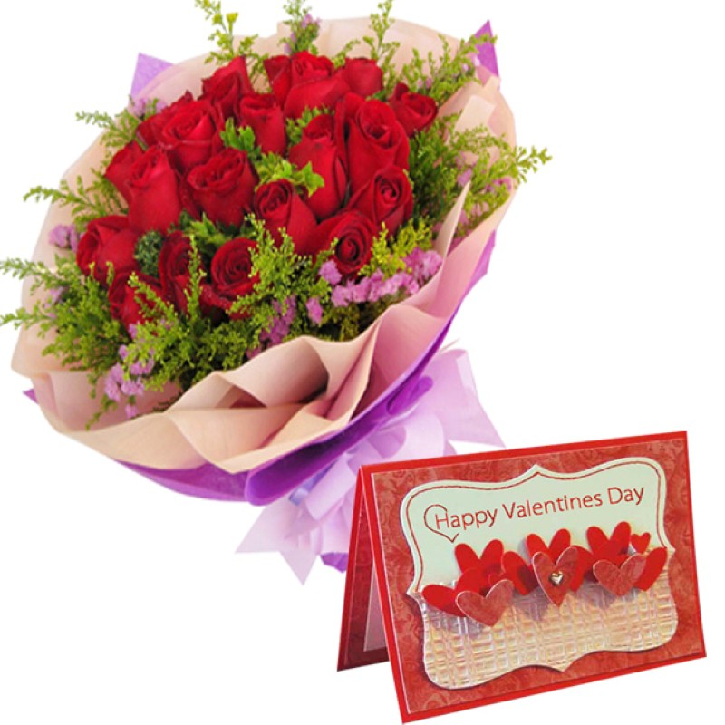 Valentine Greeting Card with Red Roses Bouquet