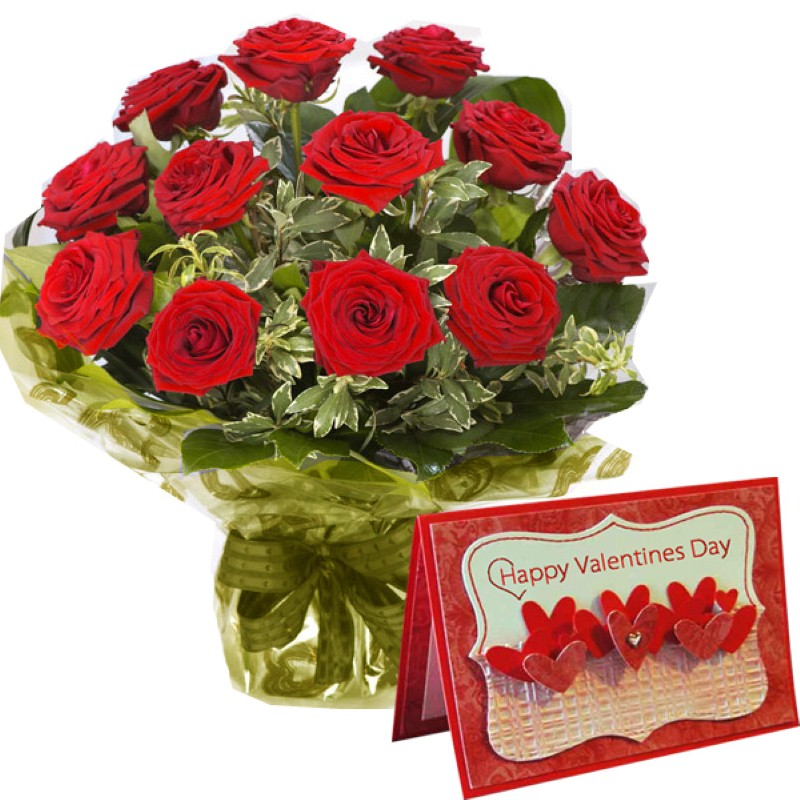 Bouquet of Twelve Red Roses with Valentine Greeting Card