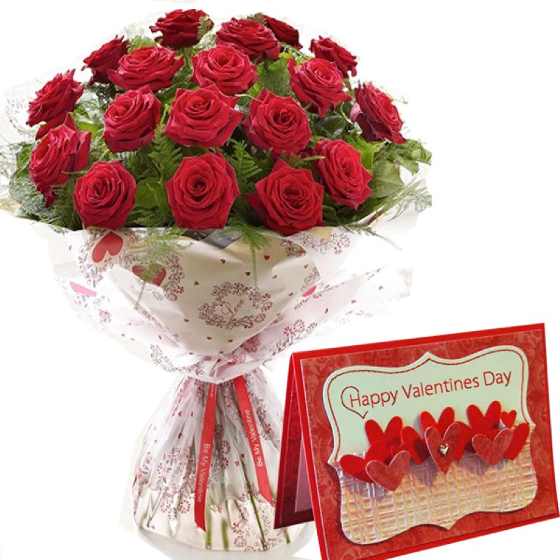 Valentine Greeting Card and Red Roses Bouquet