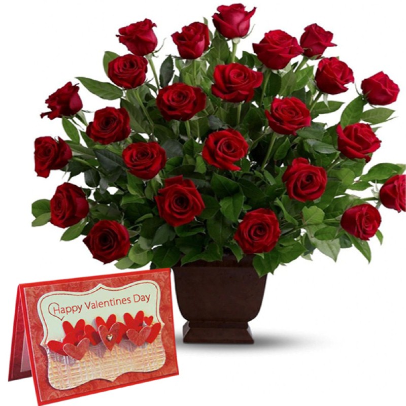 Red Roses Arrangement with Valentine Greeting Card