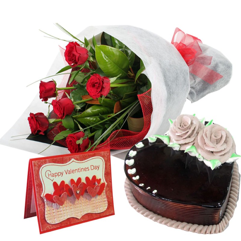 Heart Shape Chocolate Cake with Roses Bouquet and Valentine Card