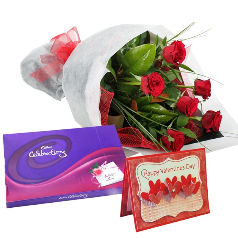 Roses Bouquet with Cadbury Celebration Chocolate and Valentine Greeting Card