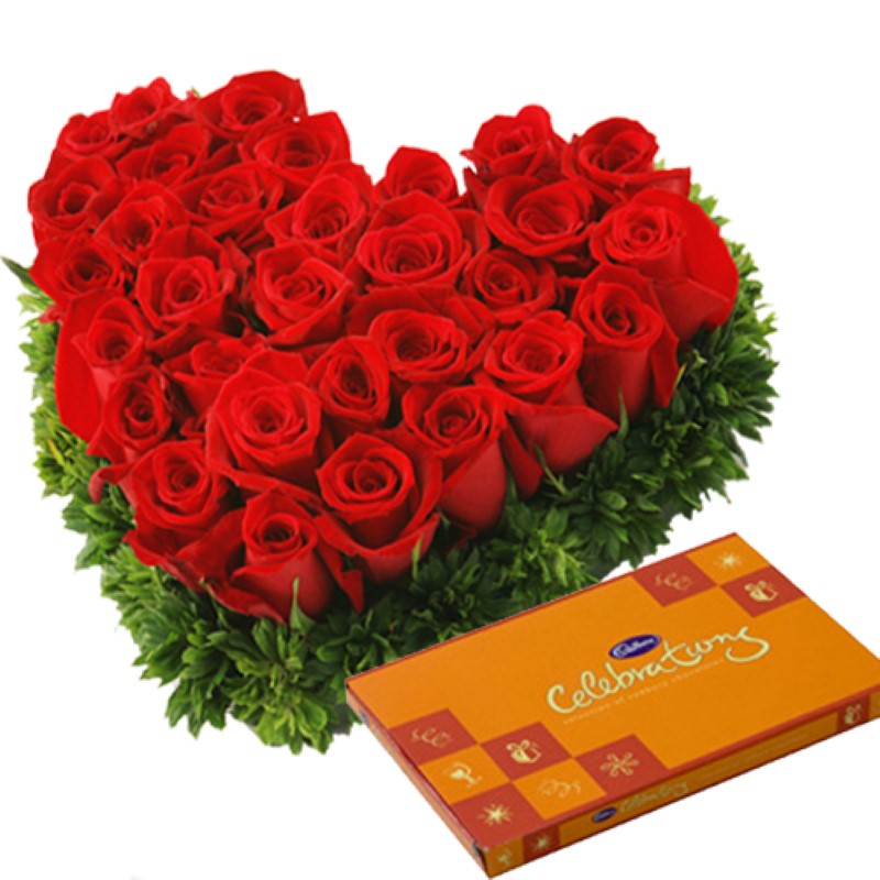 Heart Shape Roses Arrangement with Cadbury Celebration Chocolate