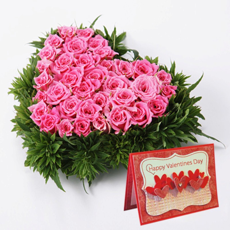 Pink Roses Heart Shape Arrangement with Valentine Card