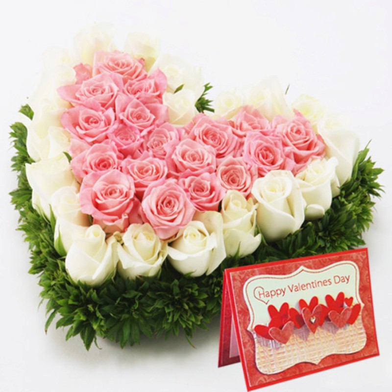Pink and White Roses Heart with Valentine Greeting Card