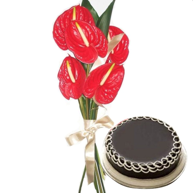 Anthurium Bouquet with Chocolate Cake