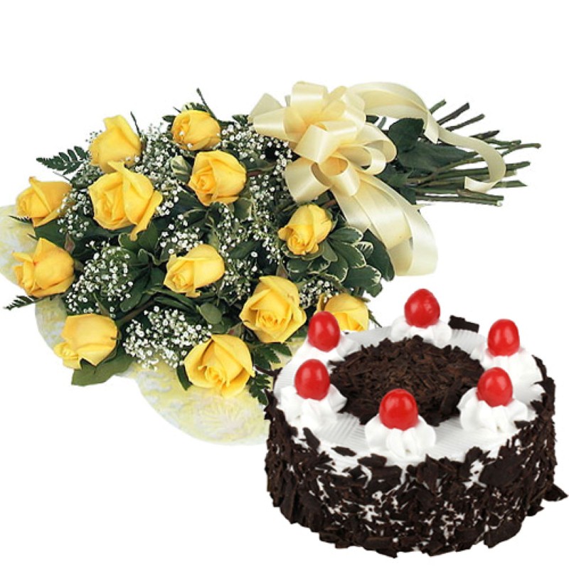 Twelve Yellow Roses Stem with Half Kg Black Forest Cake For Your Darling