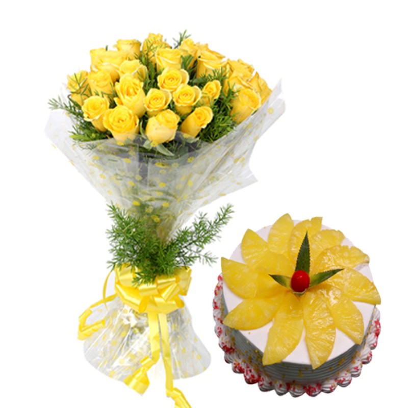 Special Love Whisper with Yellow Roses and Eggless Pineapple Cake