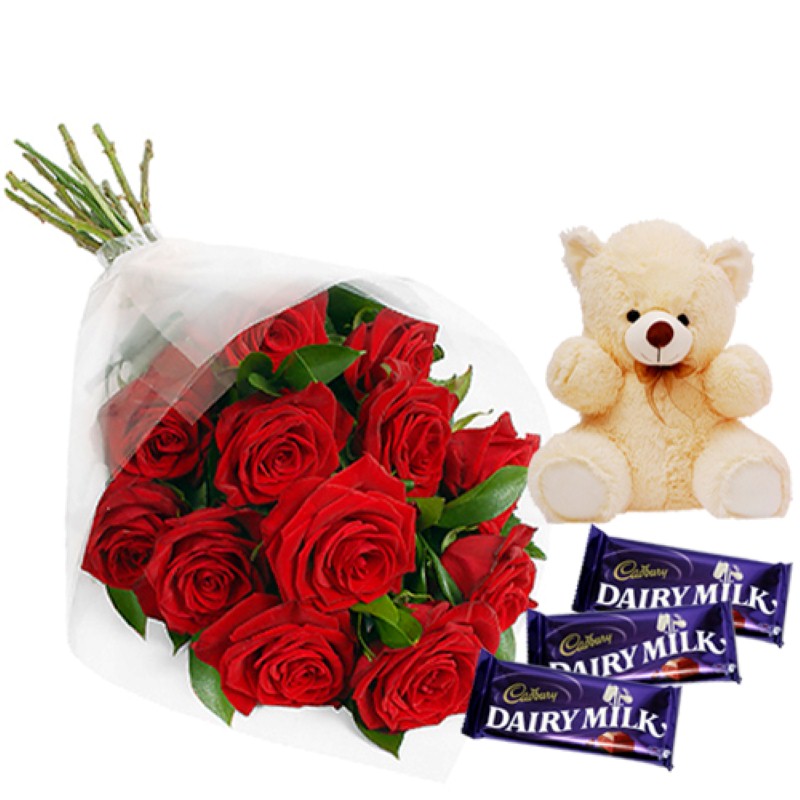 Favorite Valentine Roses Hamper Including Teddy and Dairymilk Chocolates