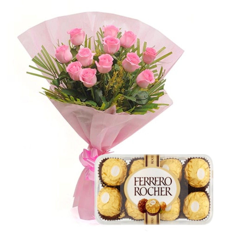 First Valentine Feeling Combo Including Dozen Roses and Ferrero Rocher Chocolates
