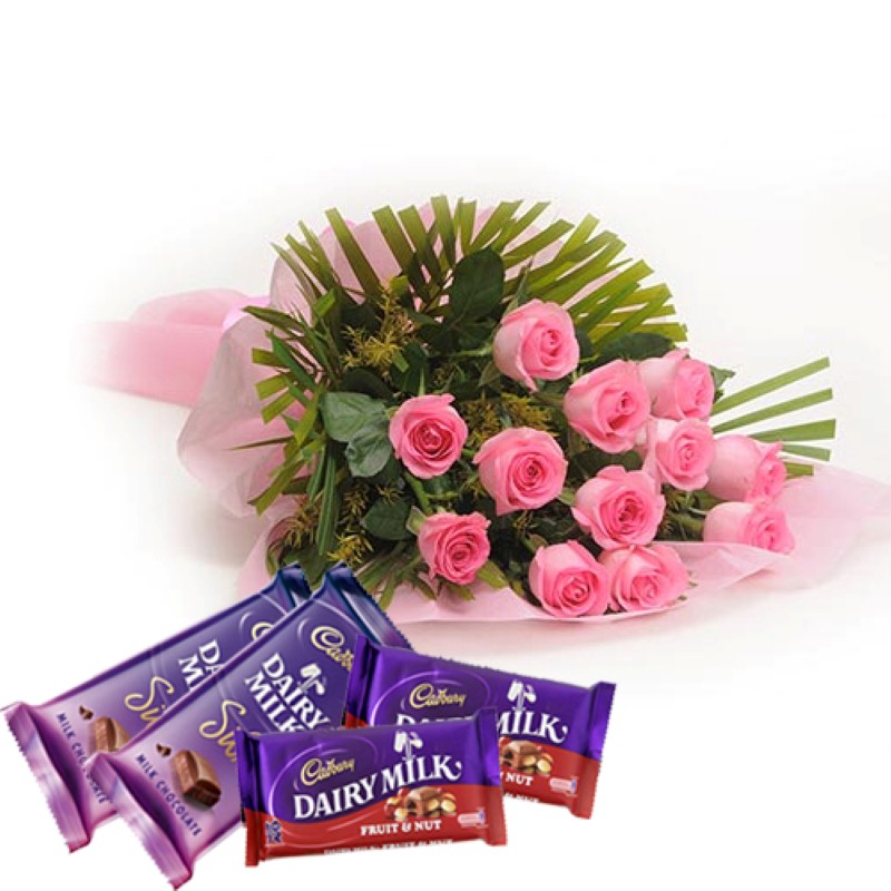 Pink Roses Bunch And Cadbury Dairy Milk Treat