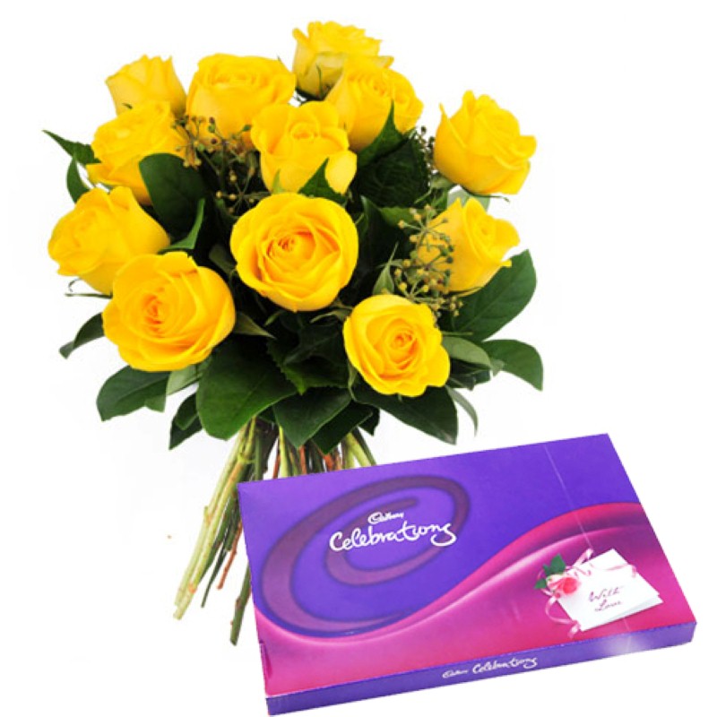 Stylish Chocolaty Love Celebration Pack With Yellow Roses