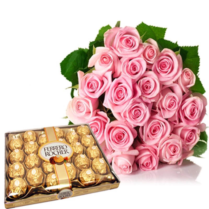 24 Pcs Ferrero Rocher With Pink Roses Bouquet