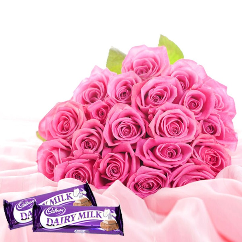 Pampering Love Token With Twenty Two Pink Roses And Dairymilk Chocolates