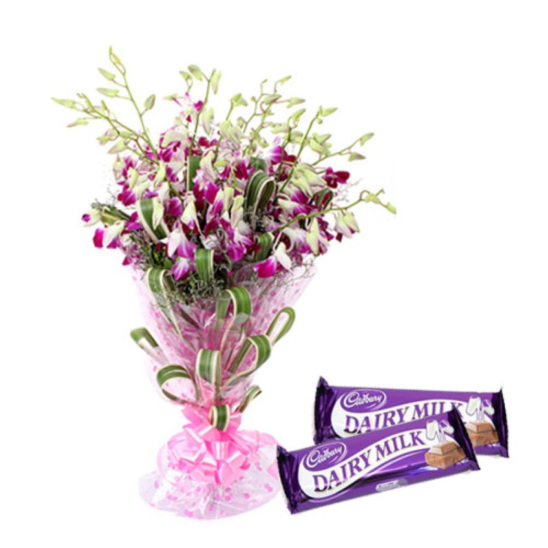 Orchids Bouquet And Dairymilk Chocolates For Your Valentine