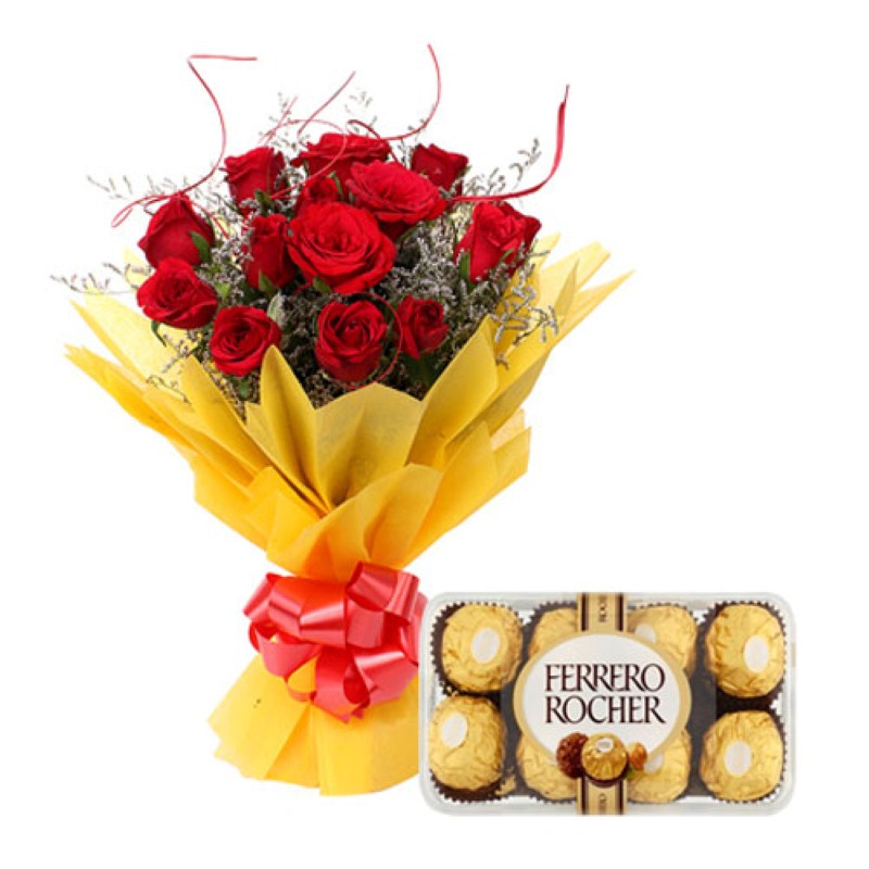 Valentine Roses Bouquet With Ferrero Rocher Box