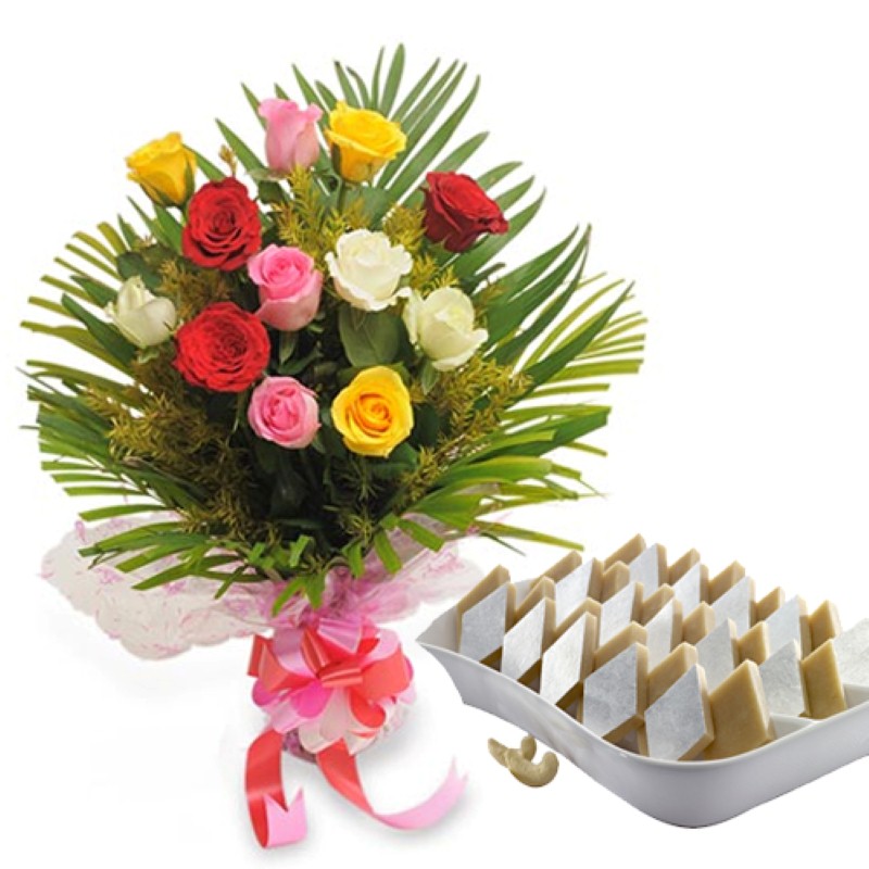 Sweet Wishes Hamper of Kaju Sweets with Dozen Roses